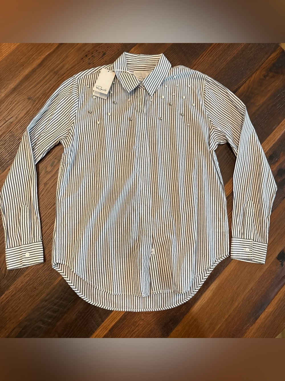 NWT Rails Striped Gray/White Studded Pearls Taylor Florence Cotton Blouse, S